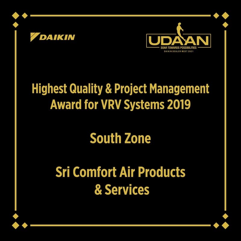 Daikin Dealer Meet 2021 Highest Quality & Project Management Award for VRV Systems 2019 Plaque